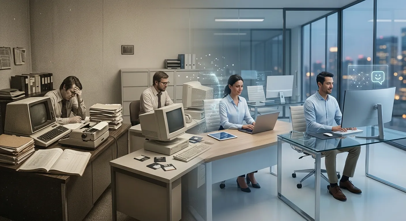 AI-generated illustration of an imagined office, shown twice: on the left, stacks of paper, a typewriter and old monitors; on the right, the same room with laptops and people working calmly.