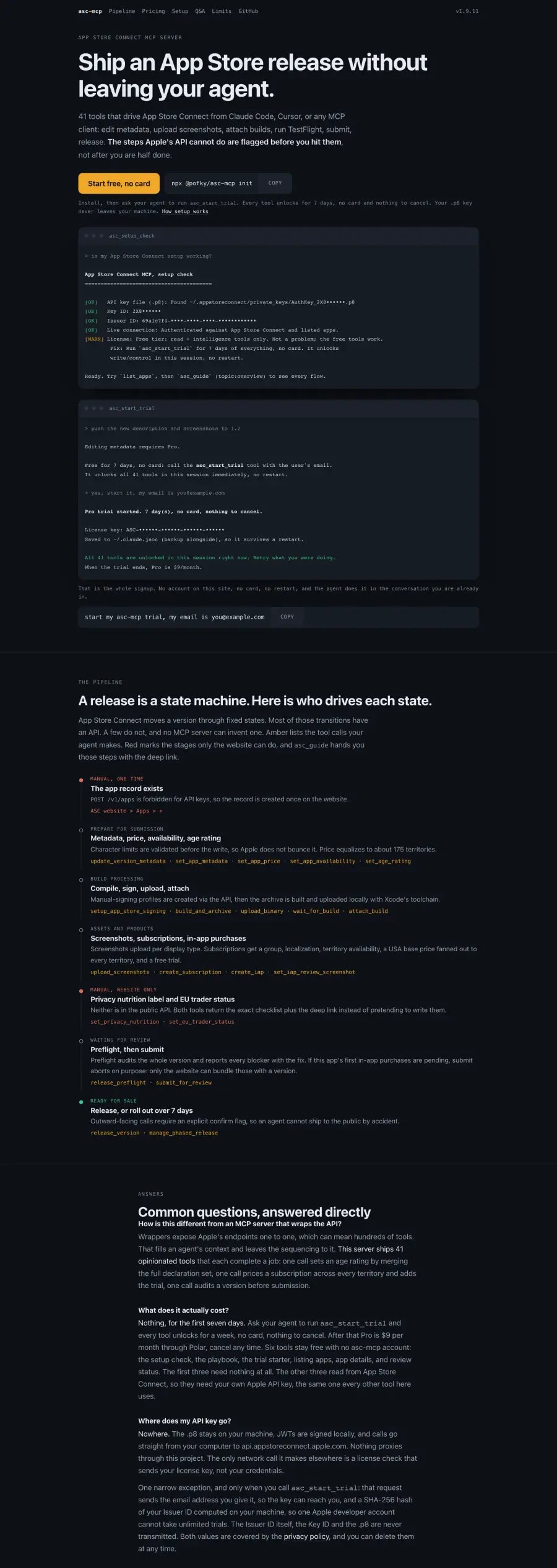 asc-mcp, a capture of the product's own page
