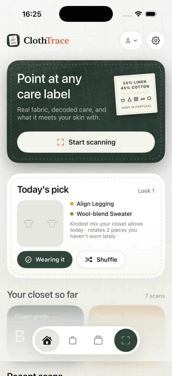 Home screen: point the phone at any care label, with what has been scanned so far below