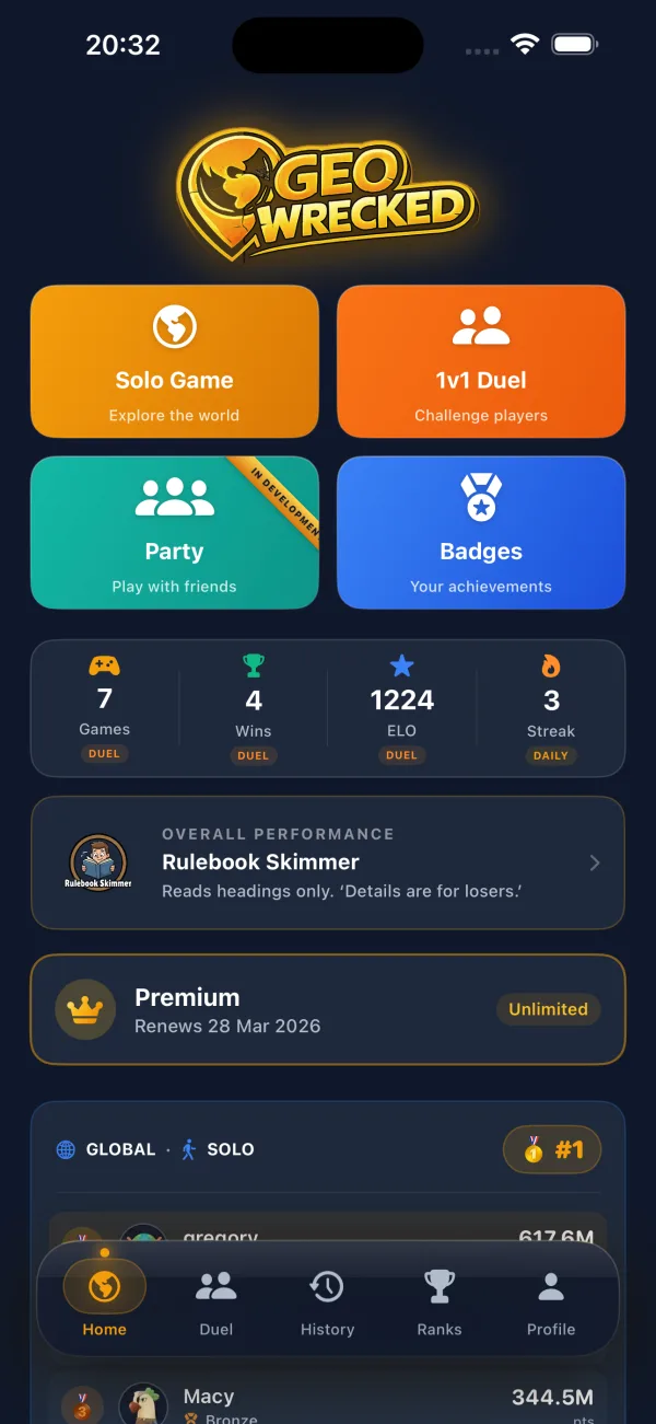 GeoWrecked home screen: solo game, duel, party and badges
