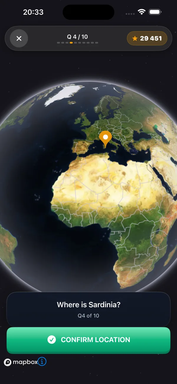 The question Where is Sardinia? on the 3D globe, with a pin placed