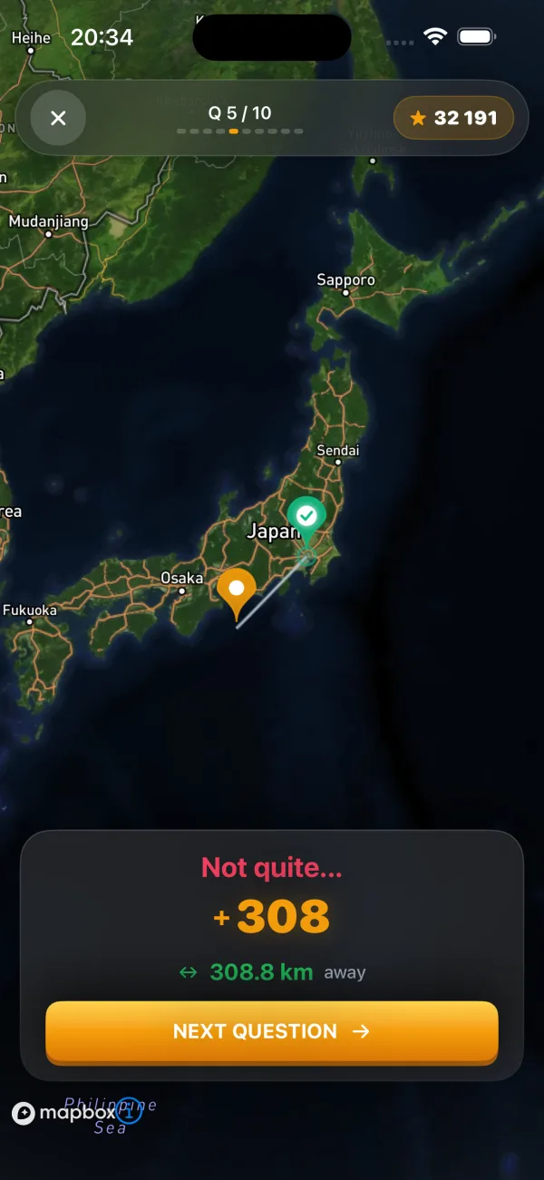 Zoomed map of Japan with a guess near Tokyo
