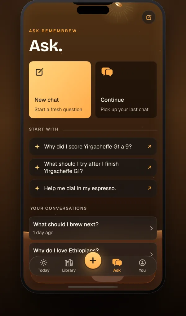 The Ask screen with questions about your own coffee taste