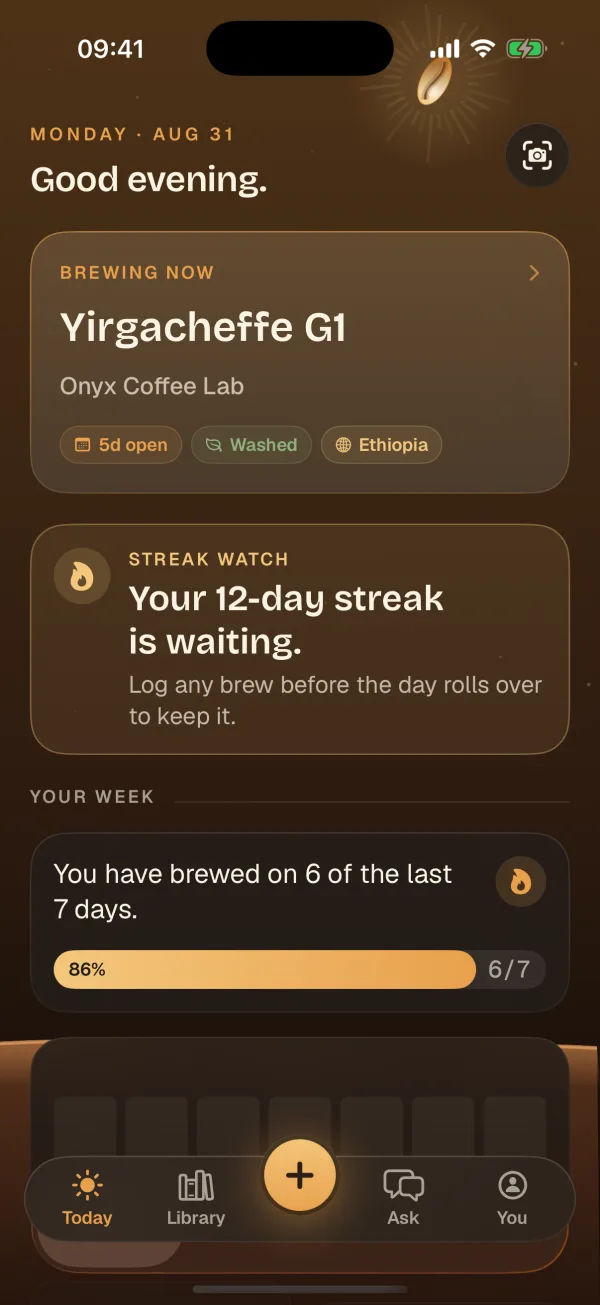 Today's screen: the coffee brewing now, the streak and the week so far