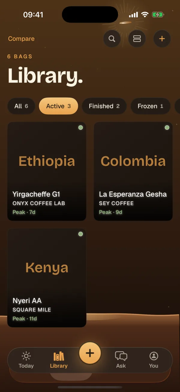 The library of coffee bags with their scores and roasters