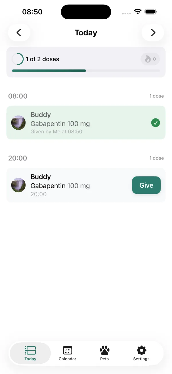 Today's medication schedule with one dose given and one due