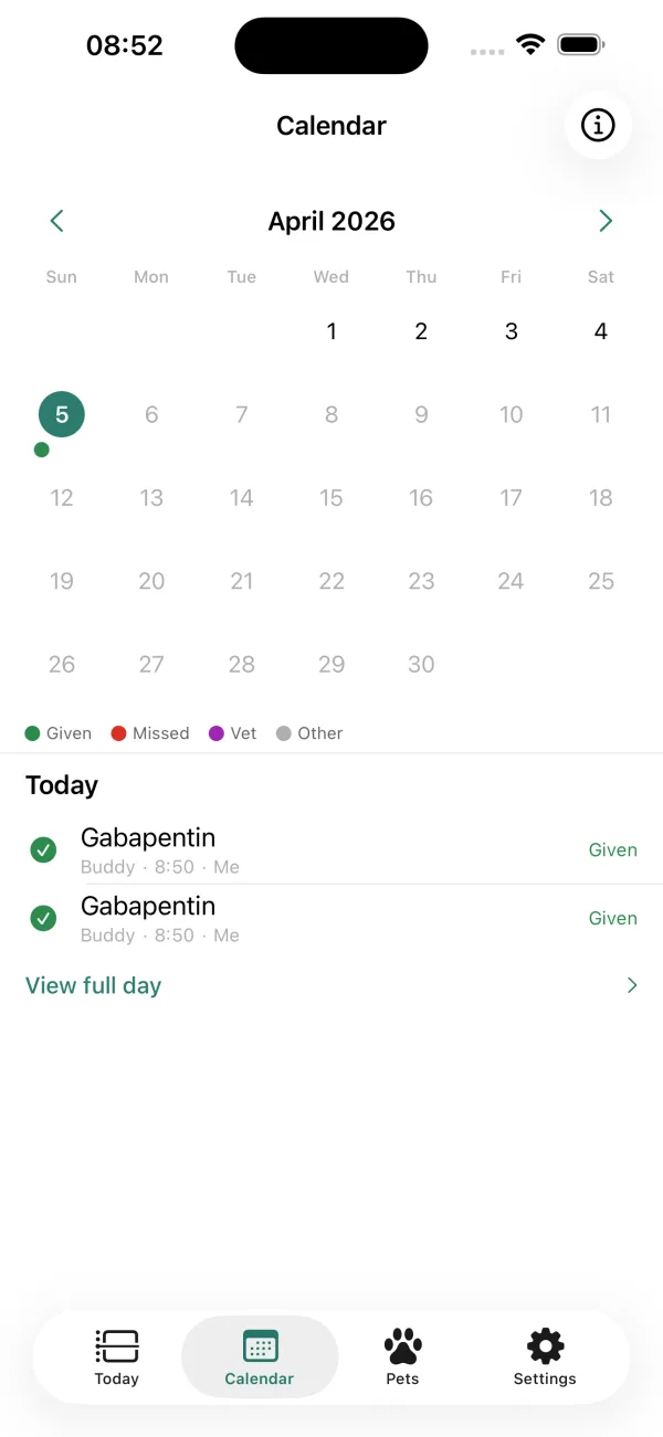 Month calendar marking the doses given