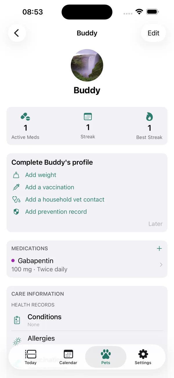 Pet profile with medications and health records